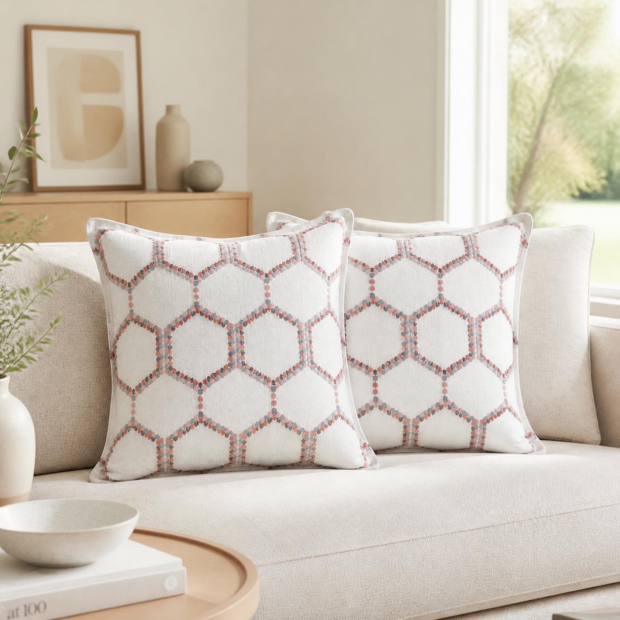 Geometric Trellis Embroidery Pattern Linen Look Cushion