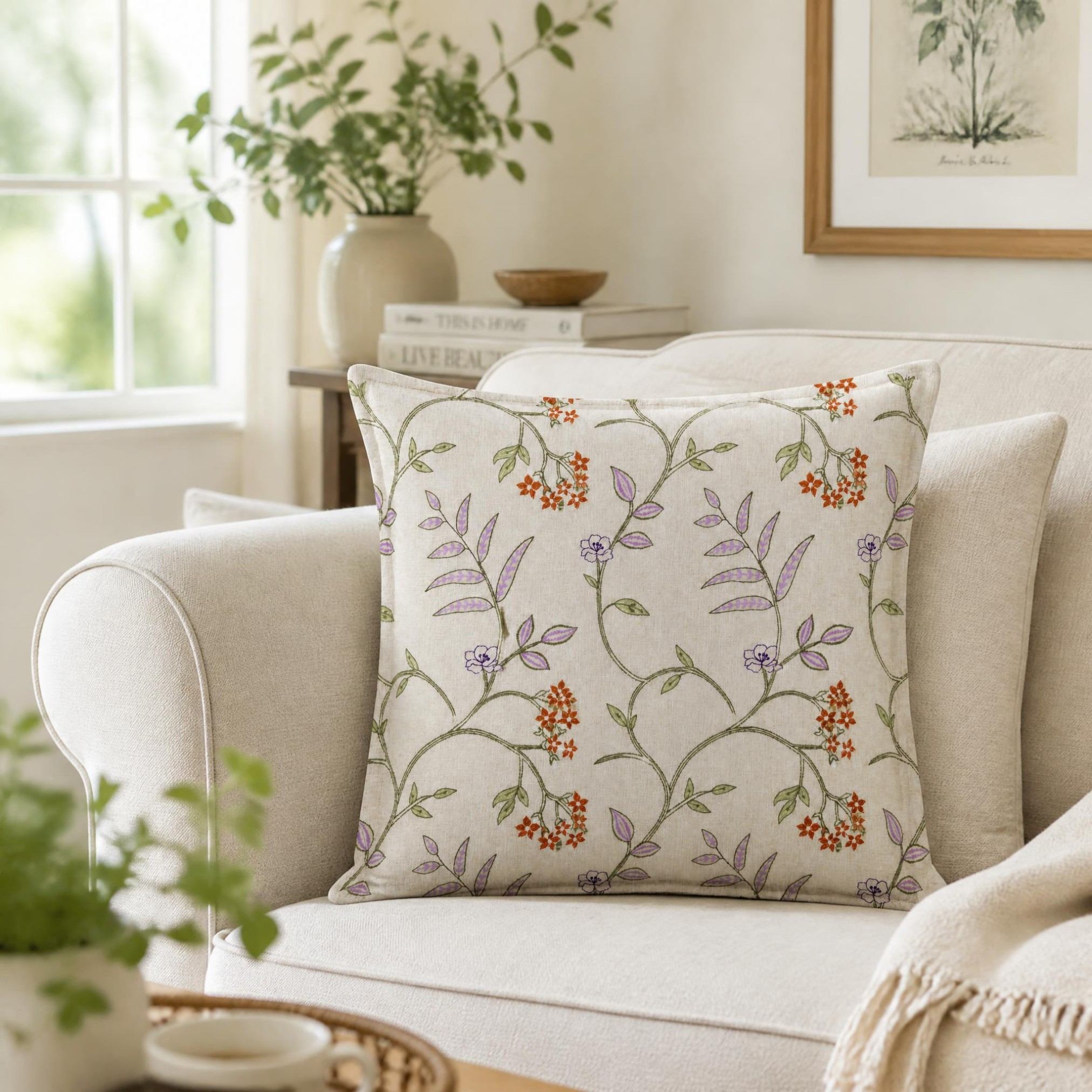 Botanical Embroidered Linen Look Decorative Cushion