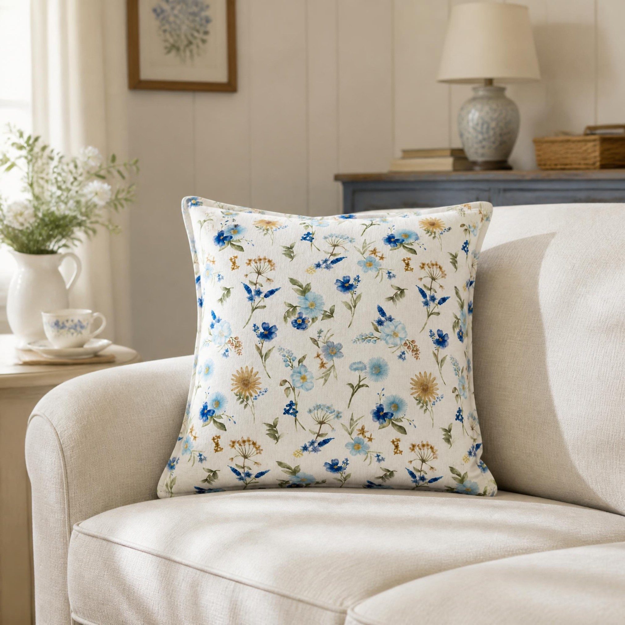 Botanical Meadow Floral Print Linen Look Cushion