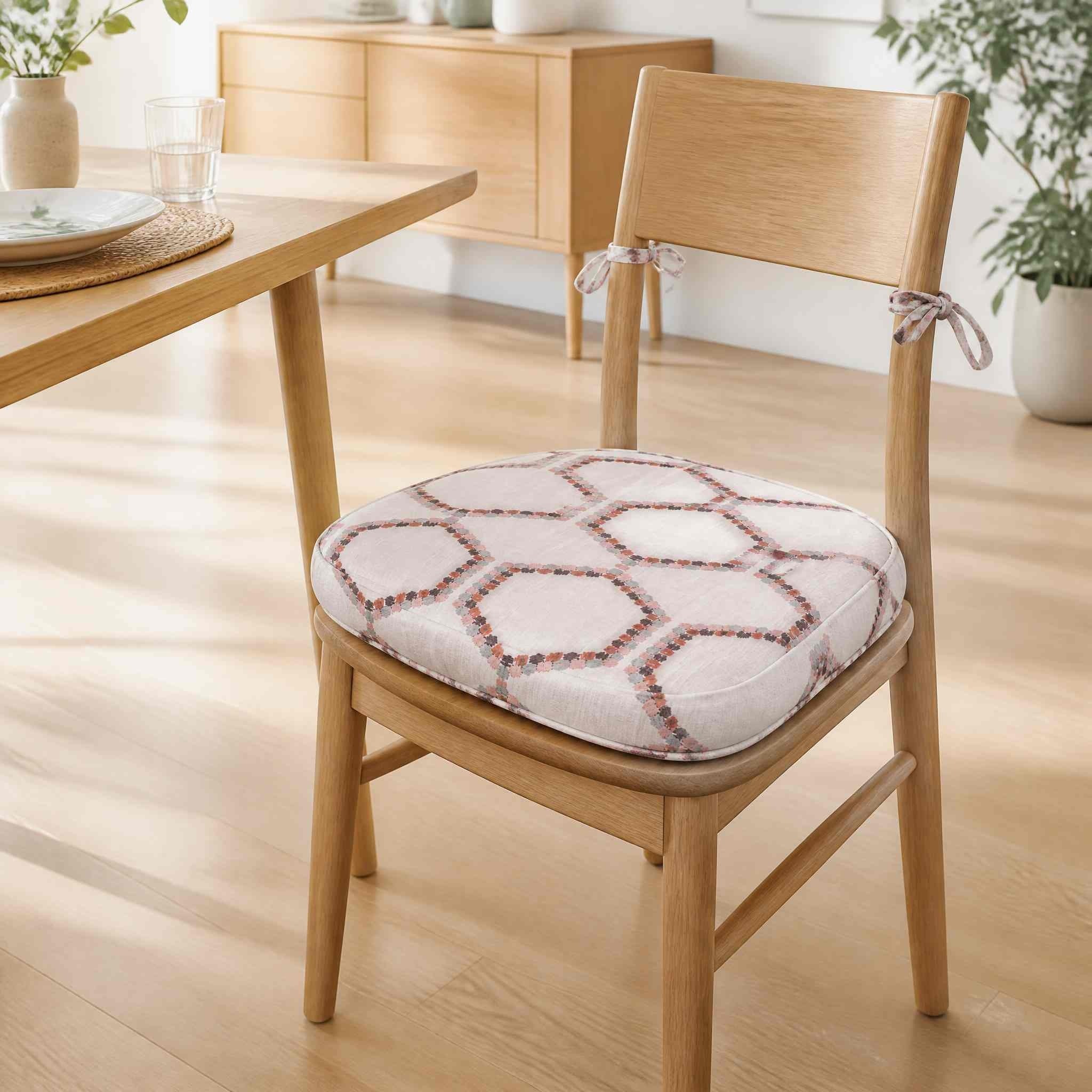 Geometric Lattice Pattern Embroidered Linen Look Chair Cushion