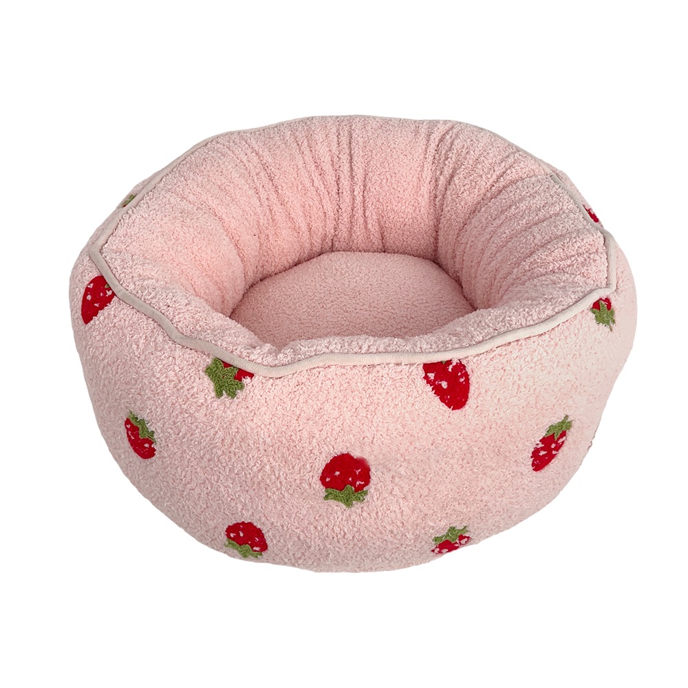 Plush Donut Pet Bed with Strawberry Embroidery