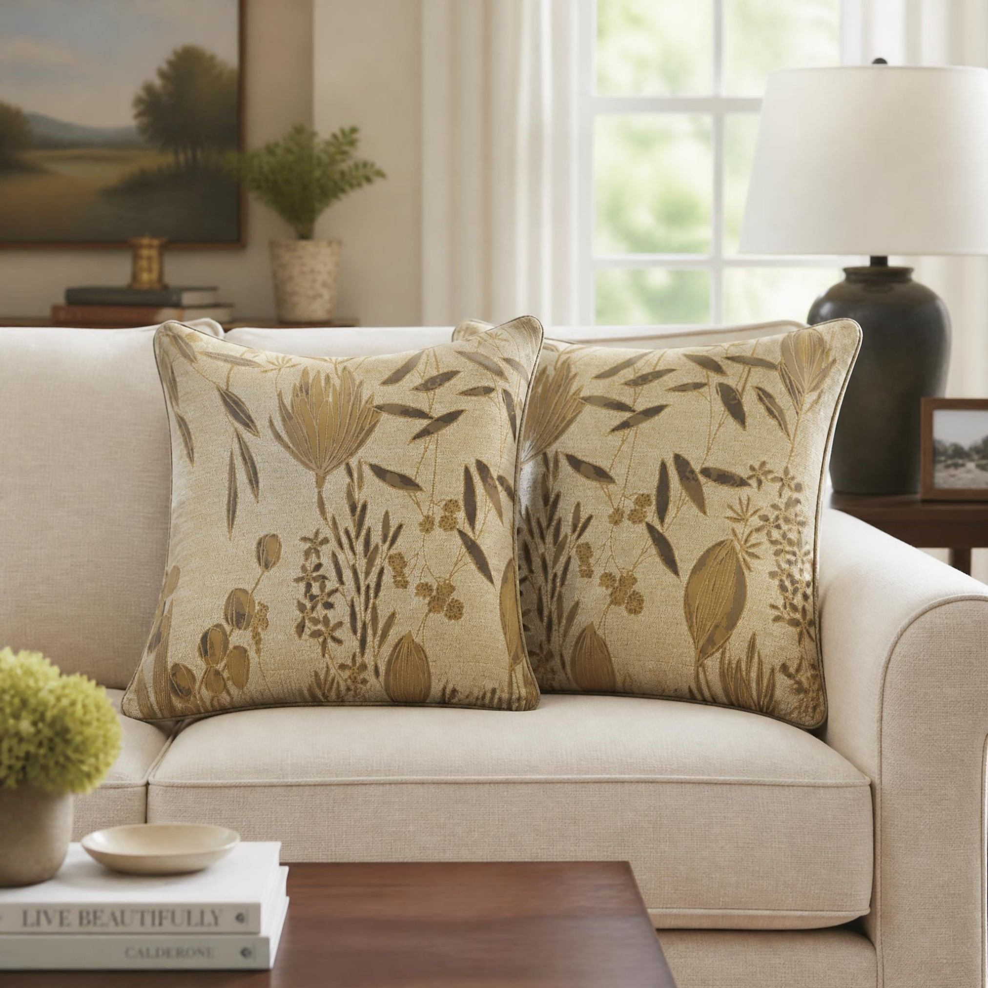 Abstract Botanical Embroidery Linen Look Cushion