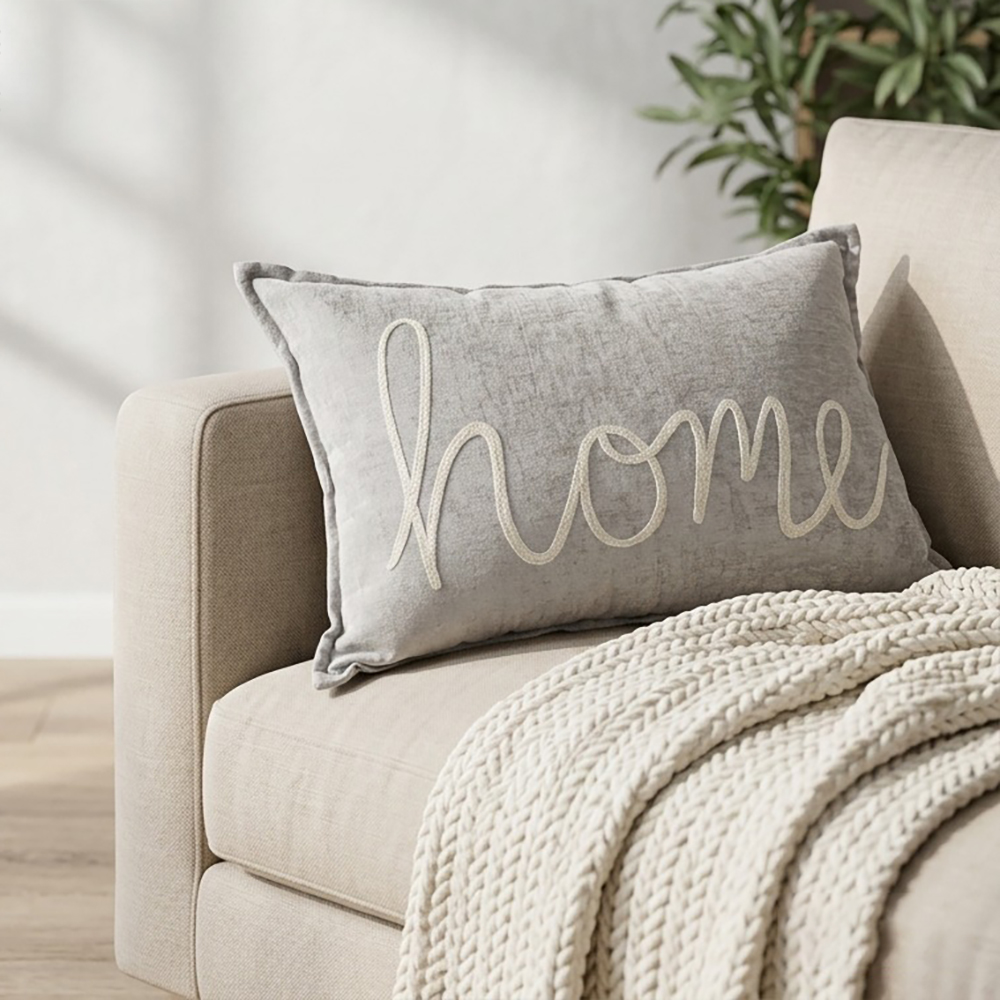  Modern Chenille Embroidered Lumbar Cushion with Typography Design