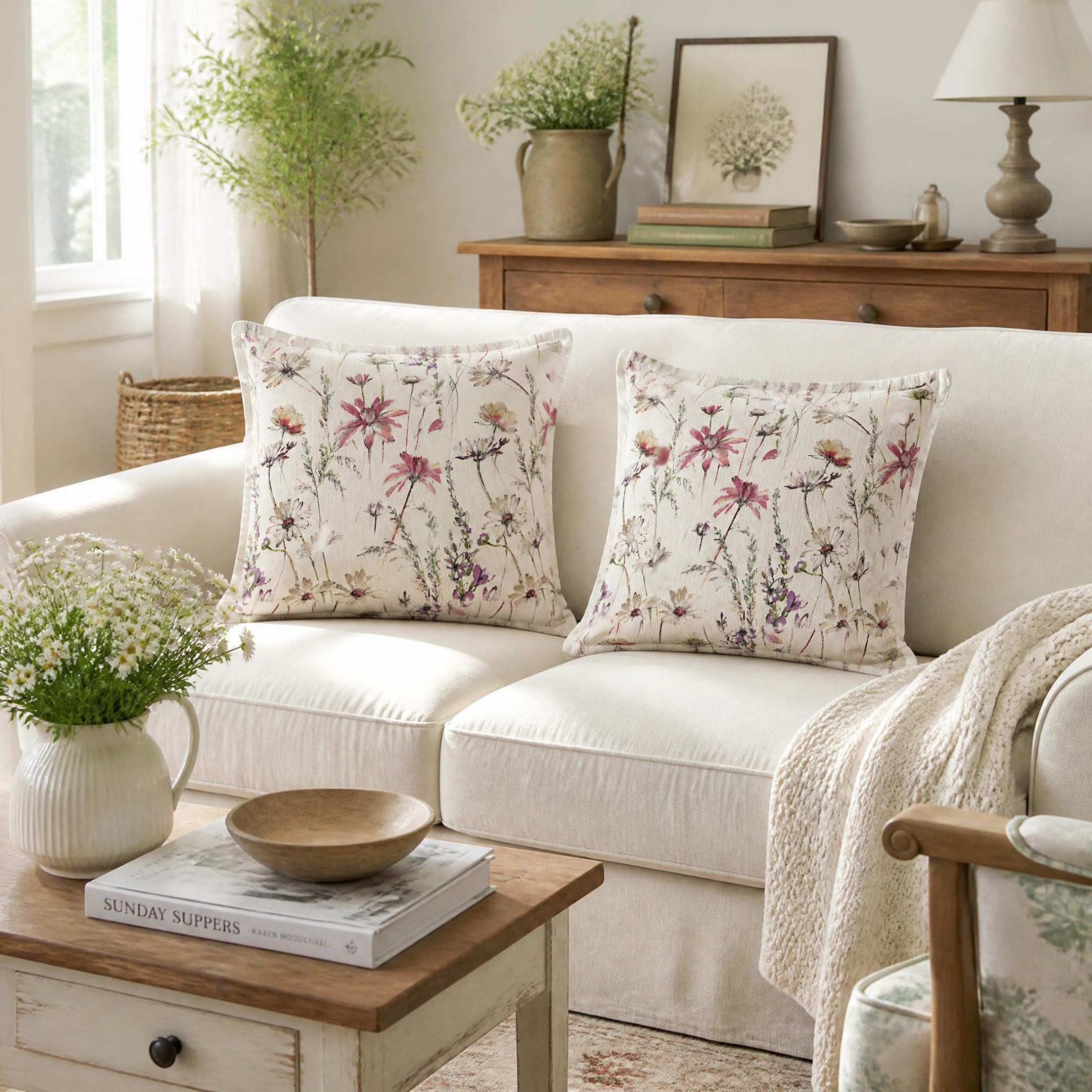  Watercolor Floral Linen Look Decorative Cushion 