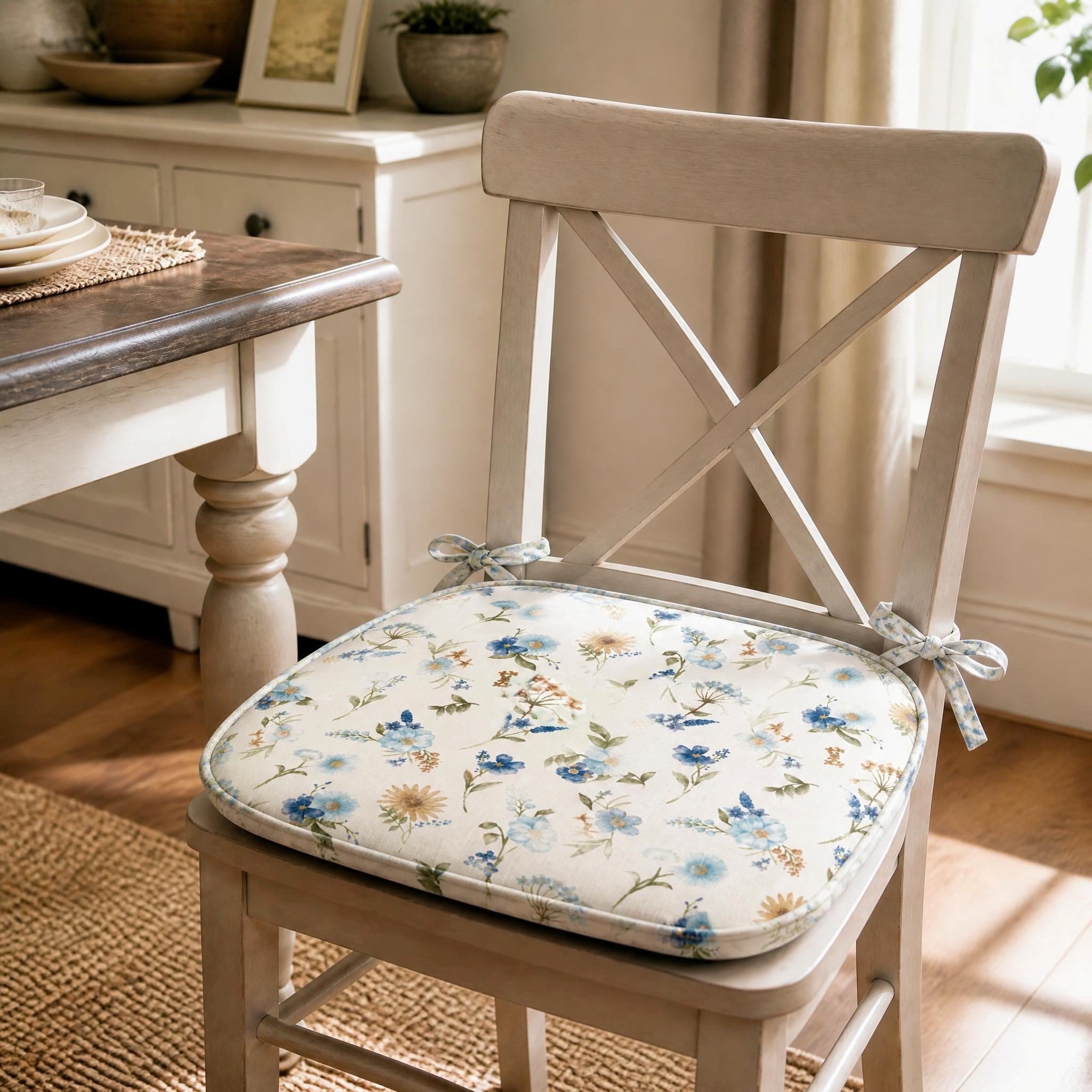 Cottage Floral Watercolor Linen Look Chair Cushion