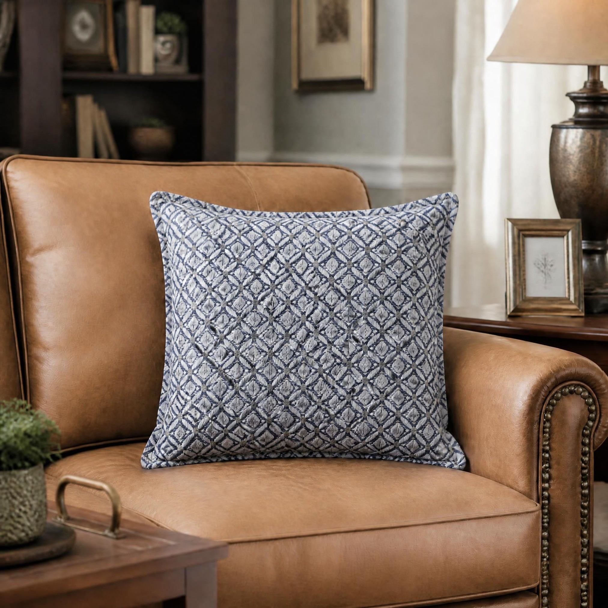 Geometric Diamond Jacquard Linen Look Cushion