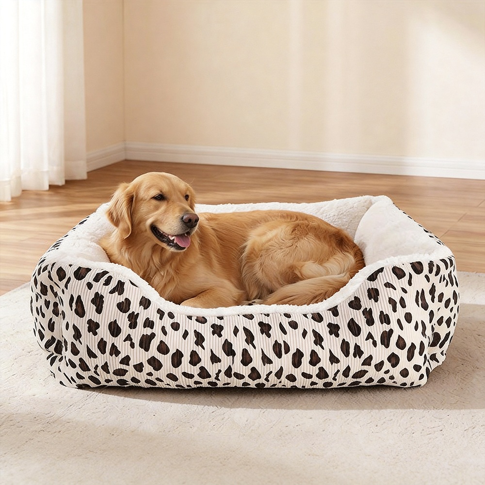  Leopard Print Corduroy Pet Bed with Soft Sherpa Lining