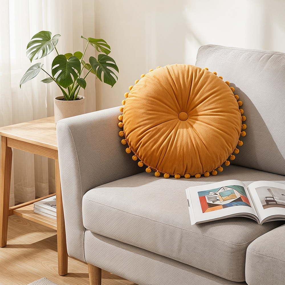 Luxury Round Velvet Accent Cushion with Decorative Pom-Pom Edge