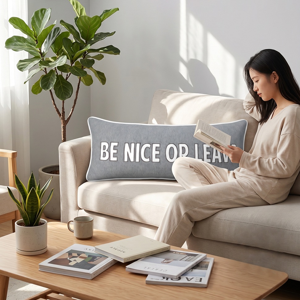 Lumbar Cushion with Appliqué Embroidered Typography Design