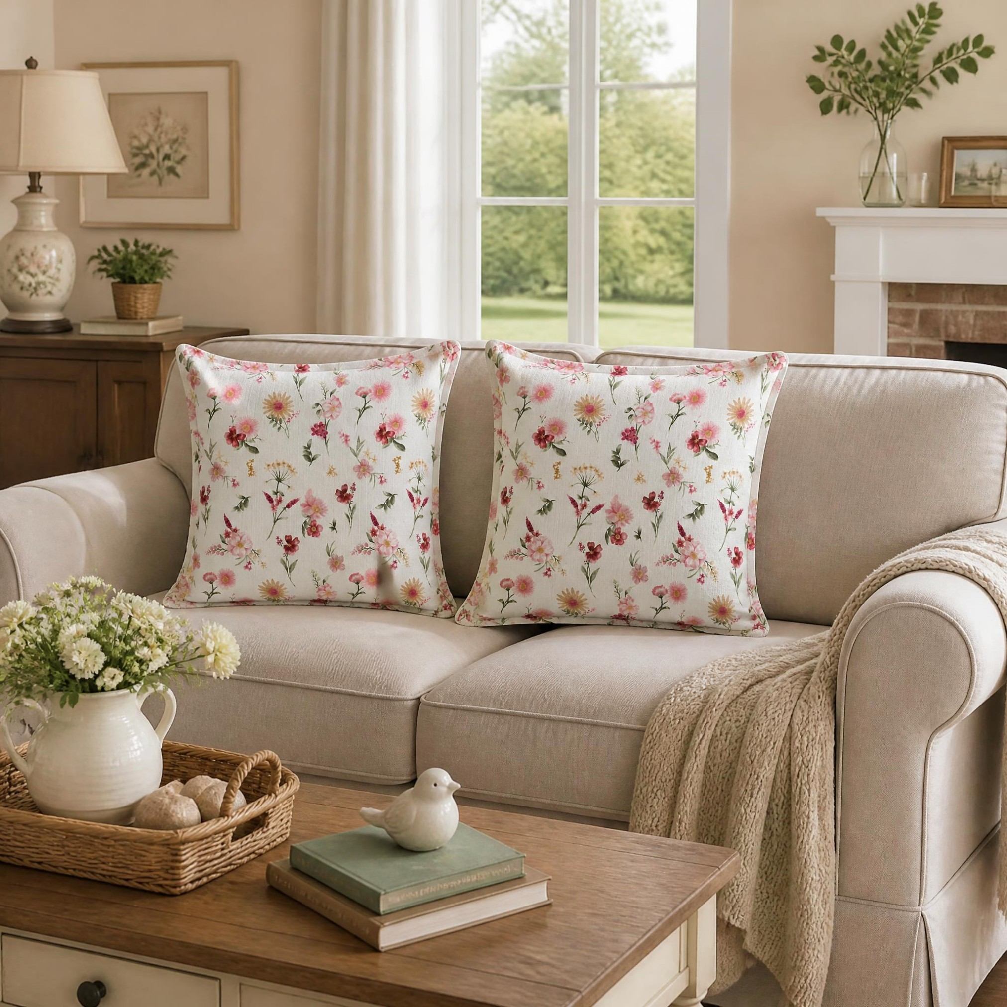 Cottage Floral Linen Look Cushion (40cm x 40cm)