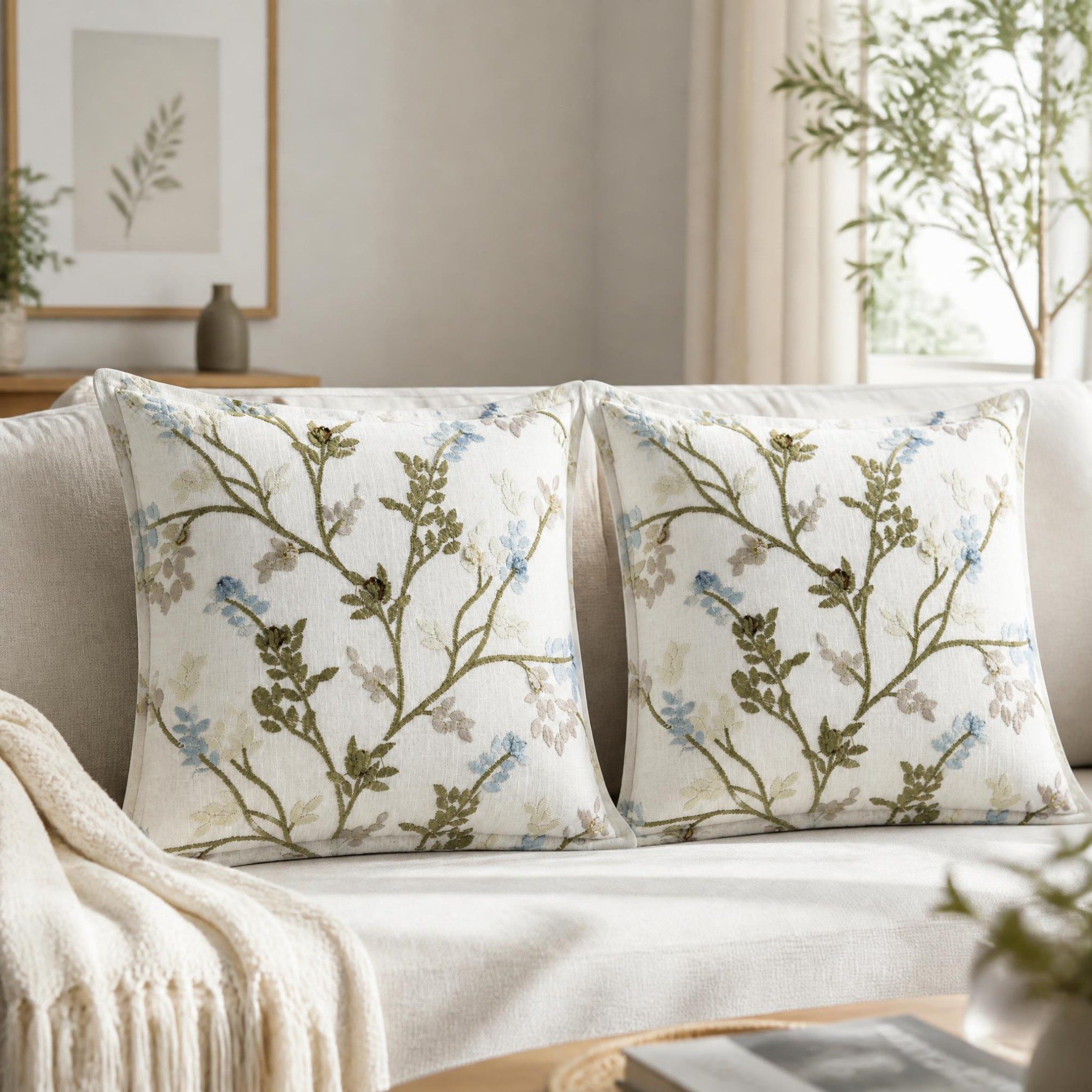 Botanical Floral Vine Pattern Embroidery Linen Look Cushion