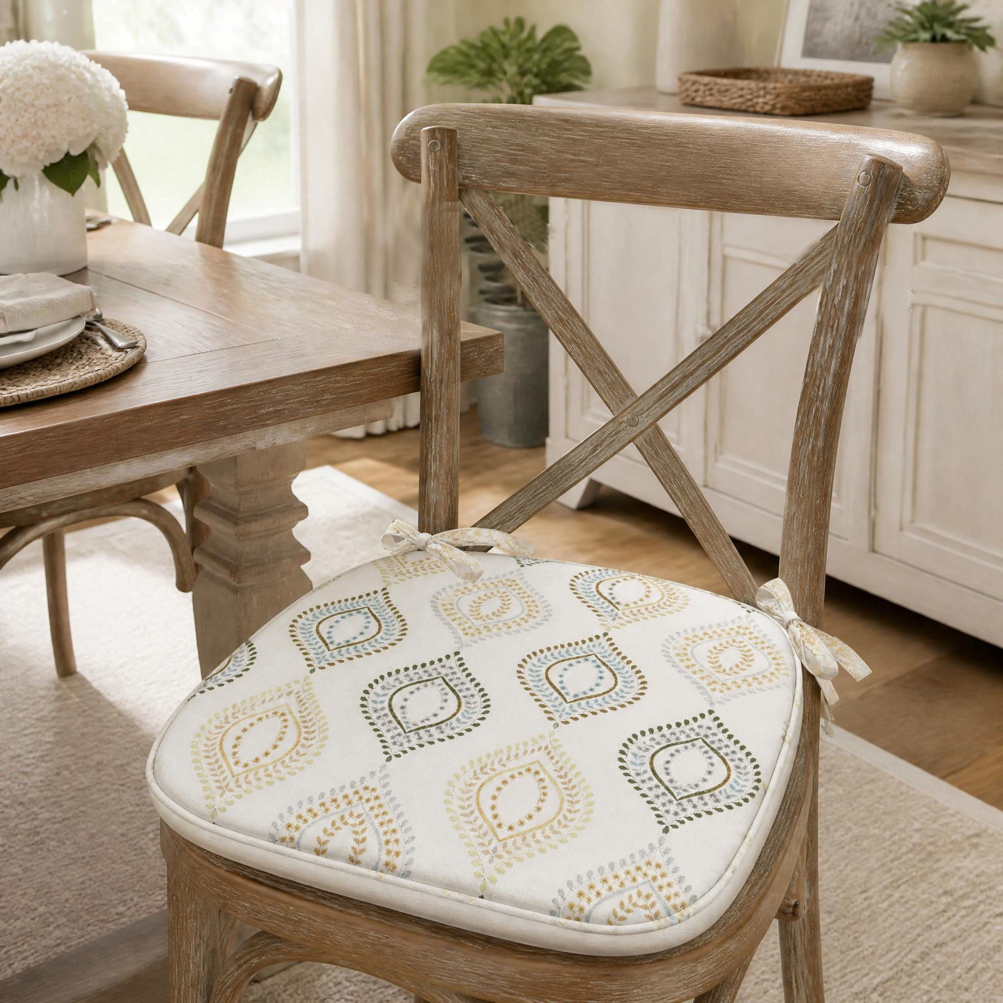 Geometric Embroidered Linen Look Chair Cushion