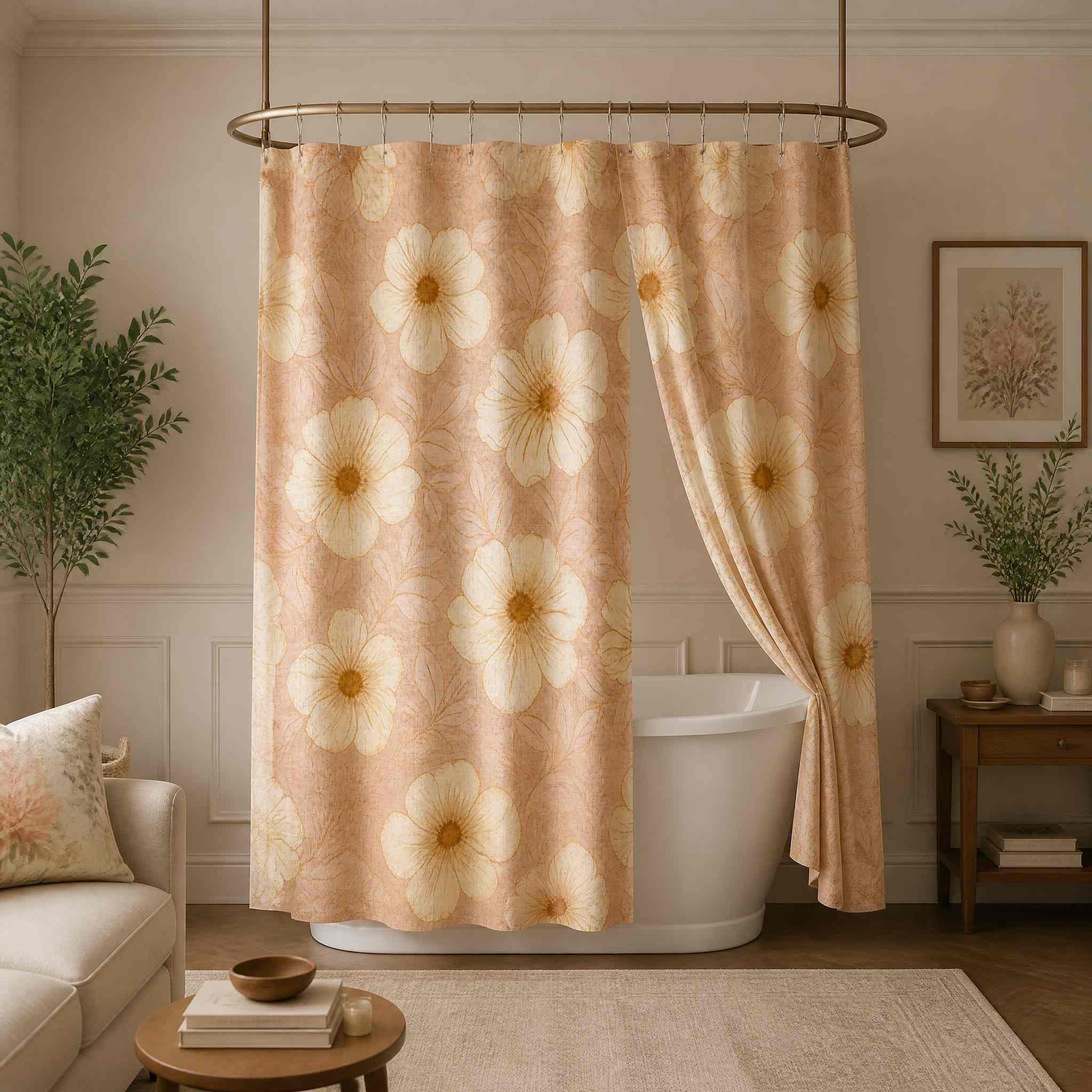 Botanical Floral Linen Look Texture Shower Curtain