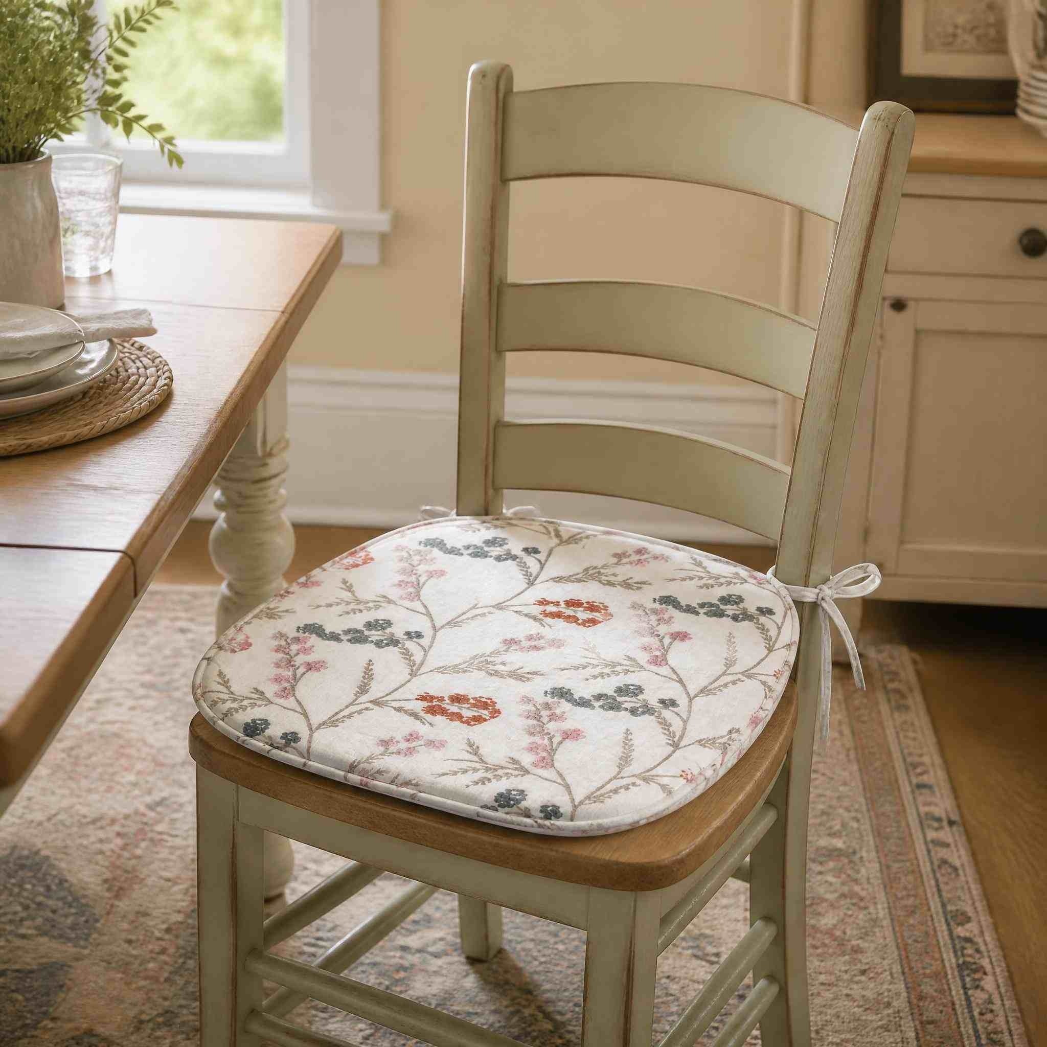  Floral Botanical Embroidered Linen Look Chair Cushion