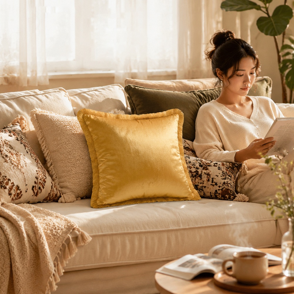 Modern Velvet Decorative Cushion with Fringe Trim